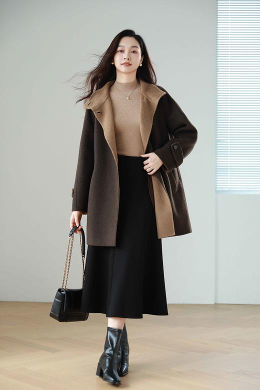 火桐hooton 爱在日落黄昏 骆驼绒烟囱领拼色大衣9856 商品图0