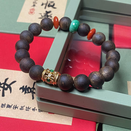 XY0082原创沉香DIY手串翡翠双南红18K金桶珠 商品图5