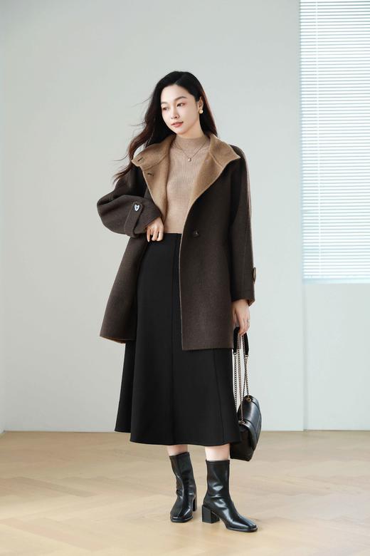 火桐hooton 爱在日落黄昏 骆驼绒烟囱领拼色大衣9856 商品图3