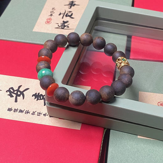 XY0082原创沉香DIY手串翡翠双南红18K金桶珠 商品图4