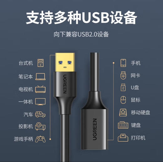 【JY】绿联 UGREEN USB30延长线公对母转接线 1.5米 黑 商品图0