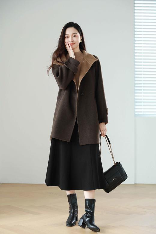 火桐hooton 爱在日落黄昏 骆驼绒烟囱领拼色大衣9856 商品图1