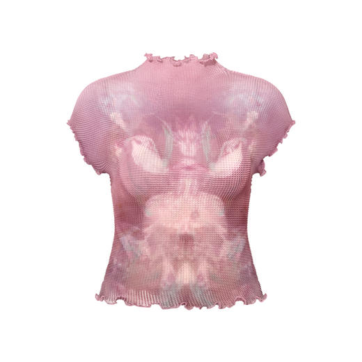 两三事 春庭幻境 2025春季新款时尚木耳边压褶印花t恤女短款 商品图4