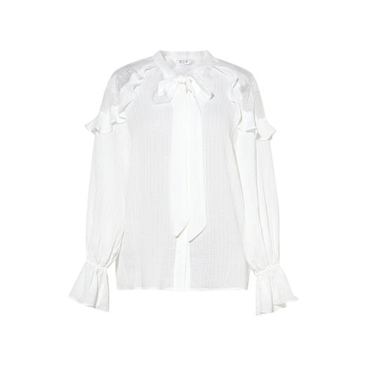 两三事 云烟成雾 2025春季新款甜美拼布荷叶边长袖白色上衣女宽松 商品图4