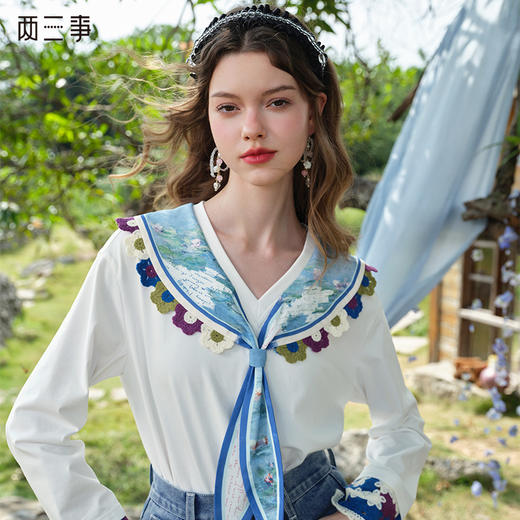 两三事 梦游仙翼 2025春季新款印花海军领镂空勾花拼接长袖t恤女 商品图0