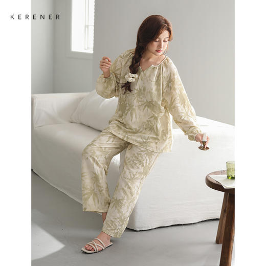 可人儿原创设计新款泡泡绵女士睡衣春秋长袖时尚可外出家居服套装 商品图2