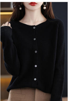 雀说一线成衣无缝100%纯羊毛秋冬新款女短款圆领宽松针织开衫毛衣外套ALM2-019 商品图9