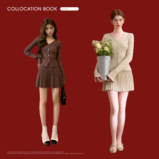 西遇HK复古美拉德套装女早春新款针织上衣搭配百褶裙两件套SS140779 商品图1