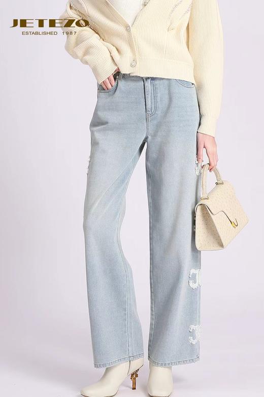 裘堤婼JETEZO质感直筒显瘦蓝色牛仔裤BD15301B1 商品图2