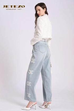 裘堤婼JETEZO质感直筒显瘦蓝色牛仔裤BD15301B1