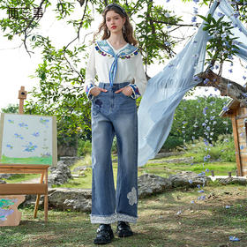 两三事 花间浅染 2025春季新款双层蕾丝拼接裤脚绣花直筒牛仔裤女