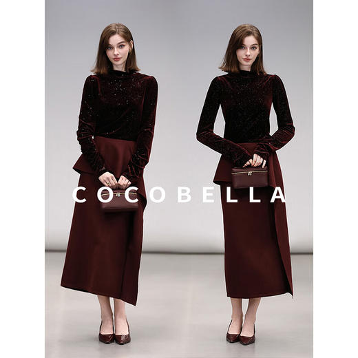 COCOBELLA优雅木耳边半高领亮片丝绒衬衫长袖打底衫TS7066-3 商品图2