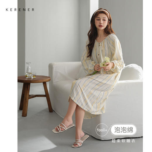 可人儿小众设计新款泡泡绵女士睡裙春秋长袖少女睡衣可外穿连衣裙 商品图0