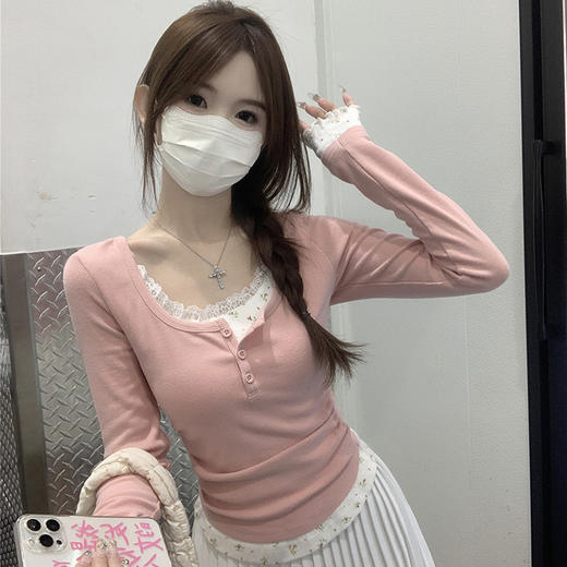 西遇假两件长袖T恤女新款粉色蕾丝花边碎花内搭正肩上衣SS150055 商品图2