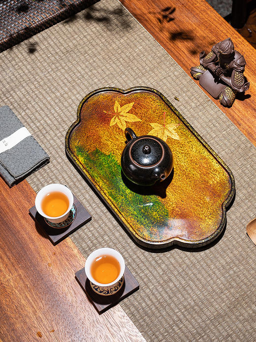 0591【国企严选，山海食材】【瓷漆器茶盘】非遗技艺大漆流金枫叶小茶台 福州茶盘家用黑檀木茶室装饰大小号壶承干泡 分享盘/00210016B 商品图5