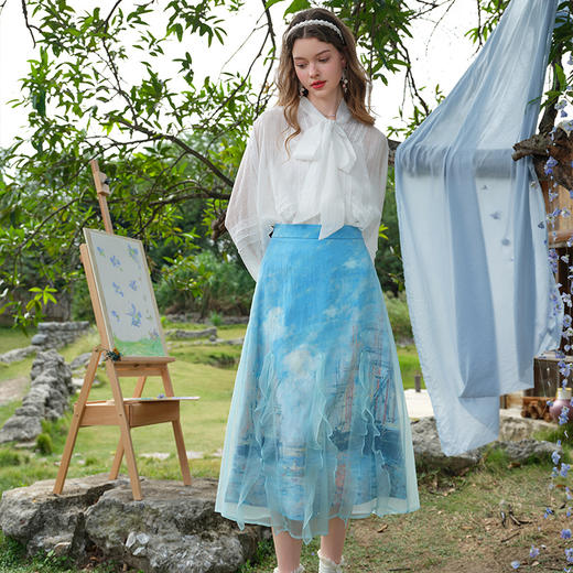 两三事迷海奇航2025春新款小清新荷叶边网纱拼接印花布A字半身裙 商品图3
