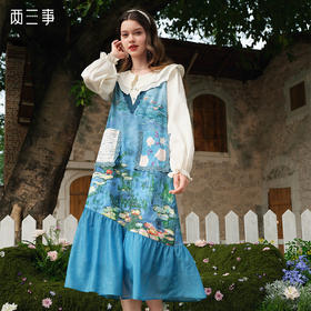 两三事 谧境梦旅 2025春季新款荷叶边双层领印花拼接假两件连衣裙