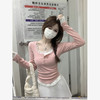 西遇假两件长袖T恤女新款粉色蕾丝花边碎花内搭正肩上衣SS150055 商品缩略图4