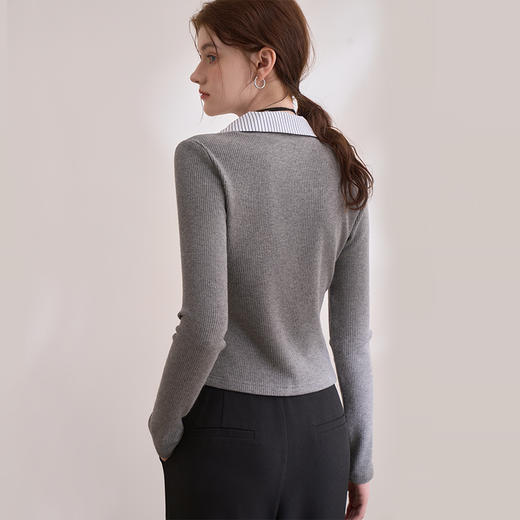 设计感假两件拼接衬衫POLO领T恤女修身打底衫V0250025 商品图4