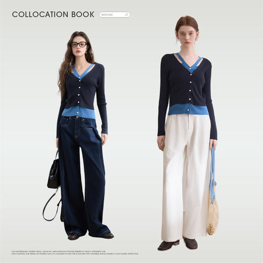 MIU系撞色拼接假两件长袖针织衫女2025挂脖V领毛衣V0250143 商品图1