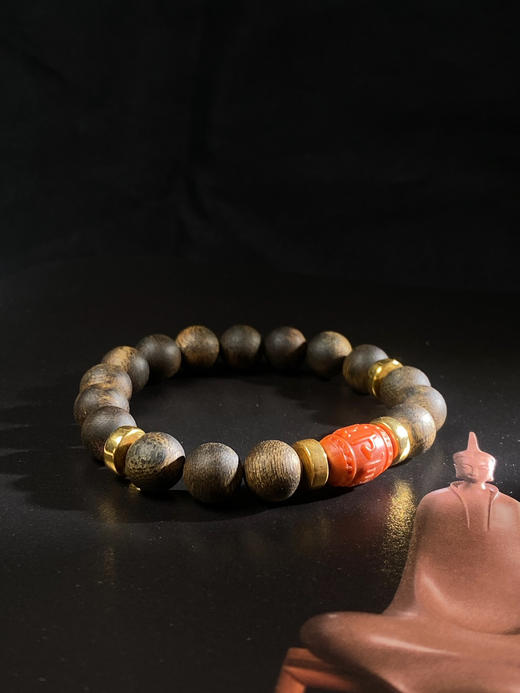 XY0089原创沉香DIY圆珠手串南红六字真言桶珠18K金 商品图3