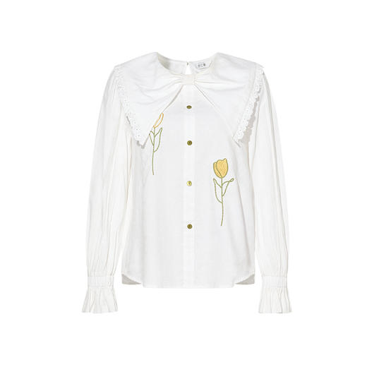 两三事悠然清园2025春季新款复古绣花蕾丝拼接翻领长袖衬衫女宽松 商品图4