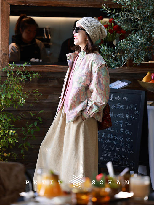 PETIT SCHAN小闪 CLO#721 Colourful tofu 花豆腐 日本进口棉混纺可拆卸两穿春秋工装马甲/夹克外套 商品图4