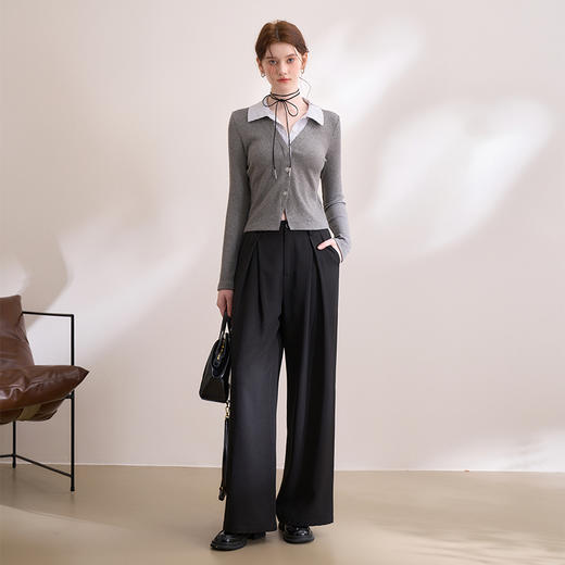 设计感假两件拼接衬衫POLO领T恤女修身打底衫V0250025 商品图1