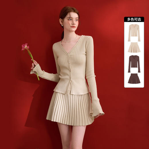 西遇HK复古美拉德套装女早春新款针织上衣搭配百褶裙两件套SS140779 商品图0