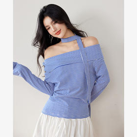 西遇条纹一字肩上衣女新款小个子设计感短款长袖T恤SS150022