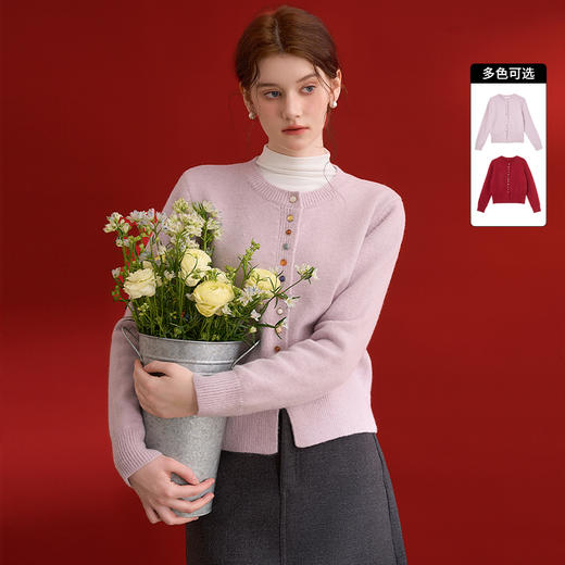 西遇红色短款针织开衫女新款战袍小香风圆领外套D0044194 商品图0