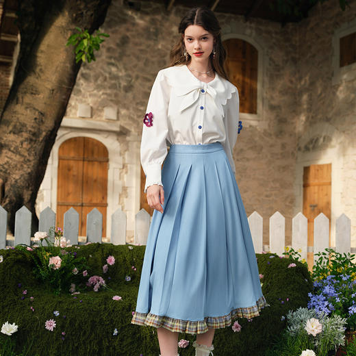 两三事蔚蓝花园2025春季新款荷叶边格子拼接牛仔百褶裙A字半身裙 商品图1