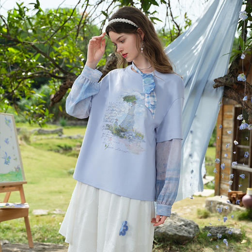 两三事柔光缱绻2025春季新款油画印花绑带拼接袖假两件t恤女宽松S25CT245 商品图2