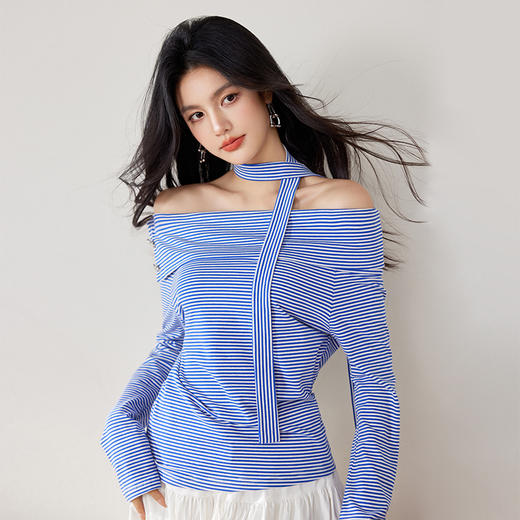 西遇条纹一字肩上衣女新款小个子设计感短款长袖T恤SS150022 商品图3