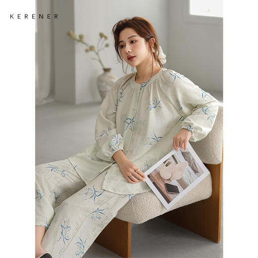 可人儿原创设计新款泡泡绵女士睡衣春秋长袖时尚可外出家居服套装 商品图1