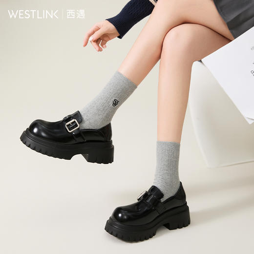 西遇增高厚底乐福鞋女新款一脚蹬黑色勃肯鞋英伦小皮鞋V0356295 商品图1