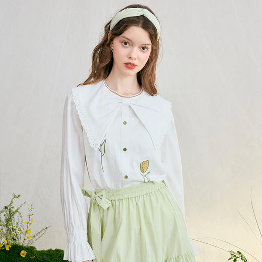 两三事悠然清园2025春季新款复古绣花蕾丝拼接翻领长袖衬衫女宽松 商品图2