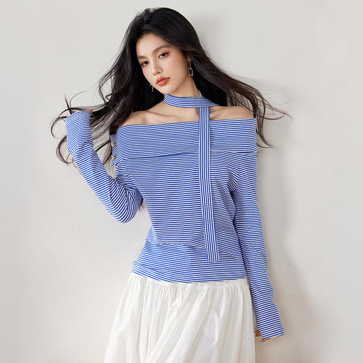 西遇条纹一字肩上衣女新款小个子设计感短款长袖T恤SS150022 商品图2