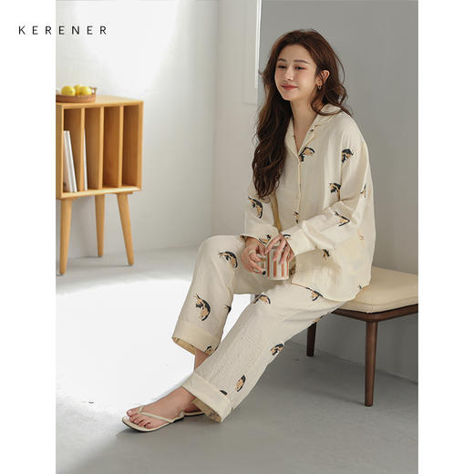 可人儿原创设计新款泡泡绵女士睡衣春秋长袖时尚可外出家居服套装 商品图2