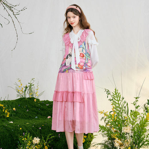 两三事软萌喵园2025春新款甜美荷叶边拼接印花无袖背心裙连衣裙 商品图3