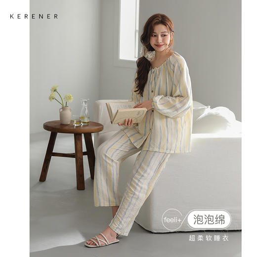 可人儿原创设计新款泡泡绵女士睡衣春秋长袖时尚可外出家居服套装 商品图0