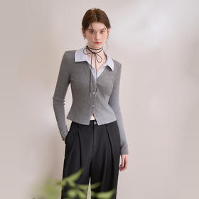 设计感假两件拼接衬衫POLO领T恤女修身打底衫V0250025