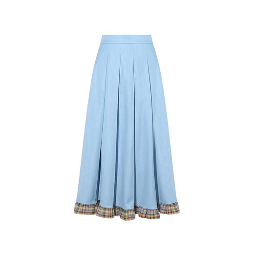 两三事蔚蓝花园2025春季新款荷叶边格子拼接牛仔百褶裙A字半身裙 商品图4