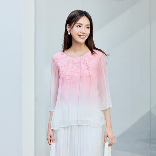 【林栖设计小店】桑蚕丝衬衫绣花优雅渐变多色开衩飞片2025春季新品上衣女1932147B 商品图6