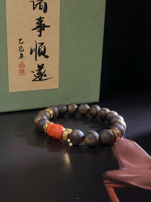 XY0089原创沉香DIY圆珠手串南红六字真言桶珠18K金 商品图2