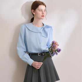 设计感娃娃领蝴蝶结绑带衬衫女气质垂感泡泡袖衬衣V0250137