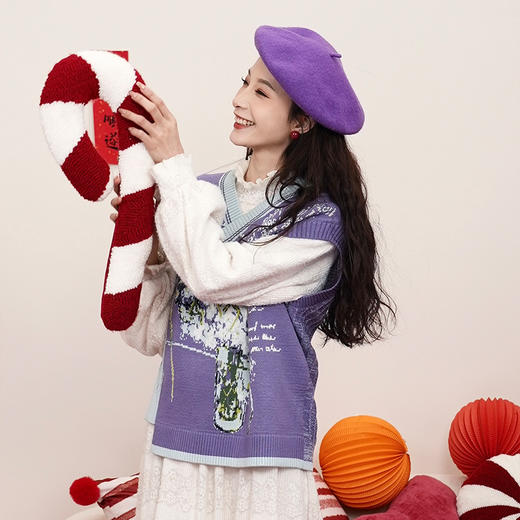 两三事梵高文艺紫藤印象2025春新款花卉图案拼色不对称下摆针织衫 商品图3