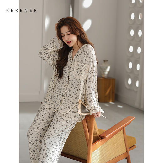 可人儿原创设计新款云柔棉女士睡衣春秋长袖时尚可外出家居服套装 商品图1