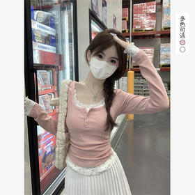 西遇假两件长袖T恤女新款粉色蕾丝花边碎花内搭正肩上衣SS150055