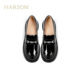 HARSON 【B3F】 哈森2025春季新品女鞋厚底高跟乐福鞋漆皮亮面深口单鞋HS257150